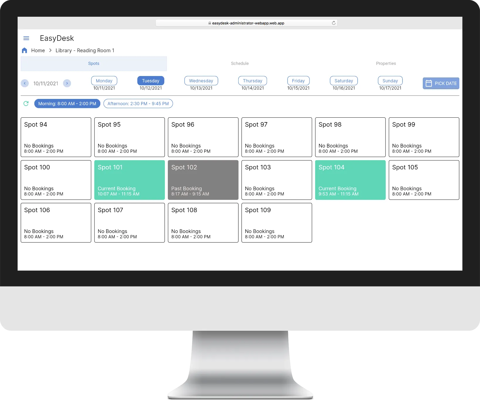 EasyDesk's administration portal on a desktop screen: a week of bookable spots in a library reading room, with current and past bookings highlighted