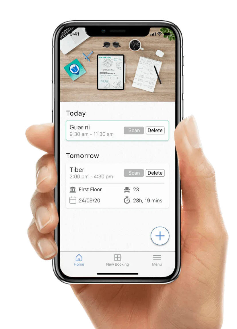 A hand holding an iPhone with the EasyDesk app: today's and tomorrow's study bookings, each with a Scan button to confirm presence