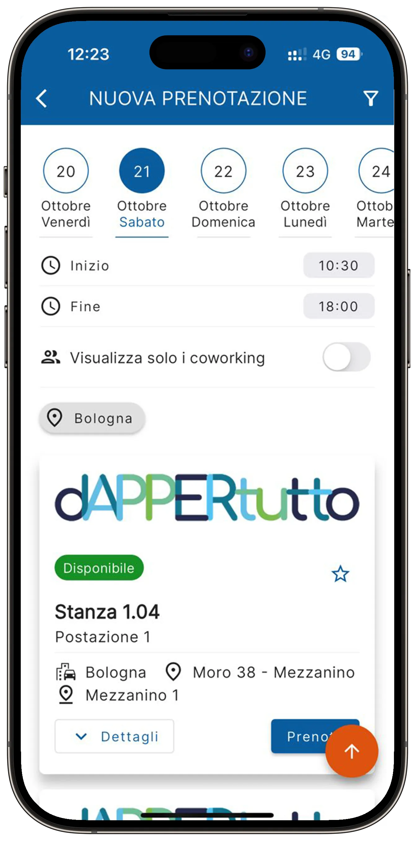 The dAPPERtutto app on an iPhone: booking a desk in Bologna, with a date picker, start and end time, and an available workstation