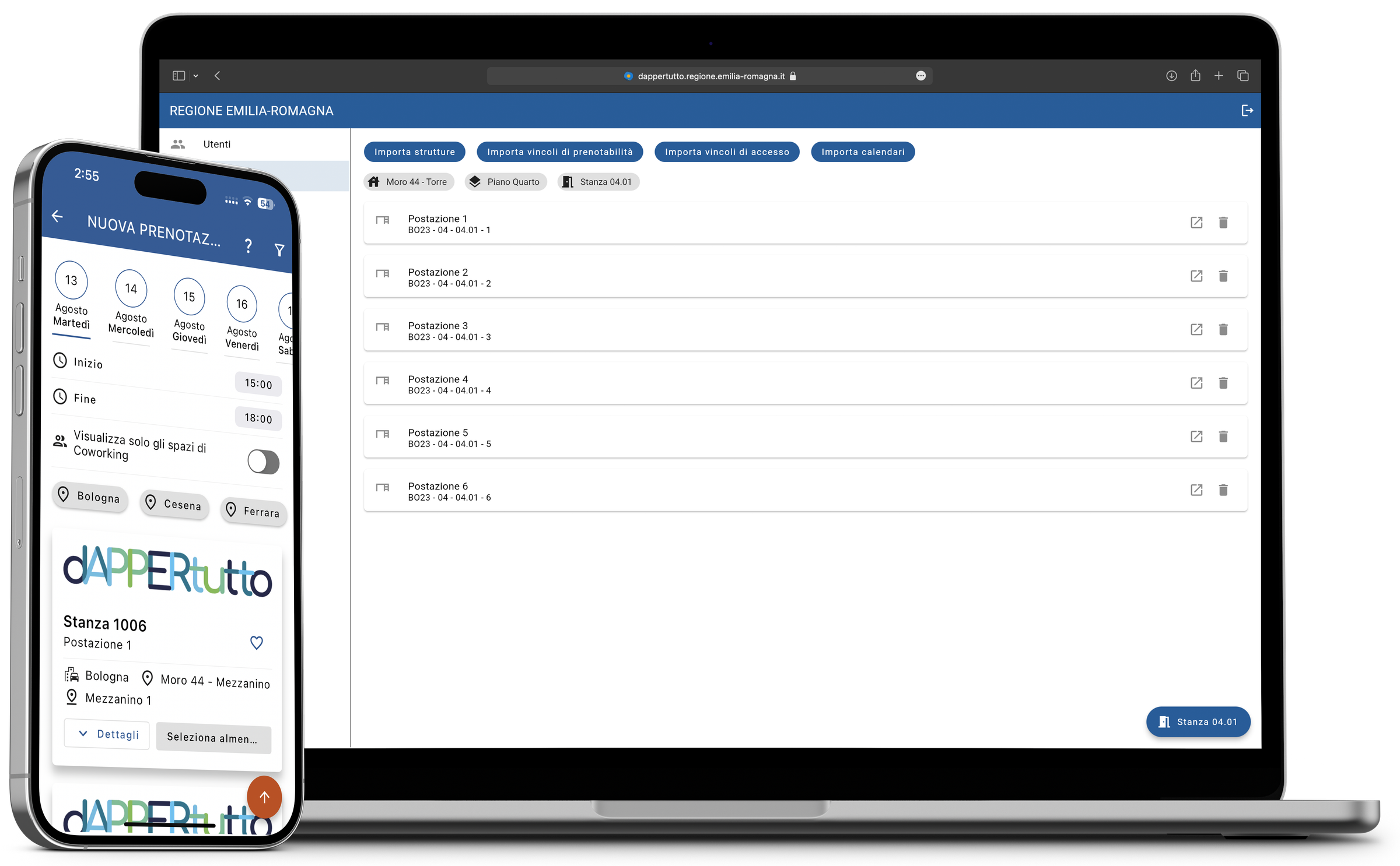 dAPPERtutto on a laptop and a phone: the administration console of Regione Emilia-Romagna listing bookable workstations, and the mobile app booking a desk